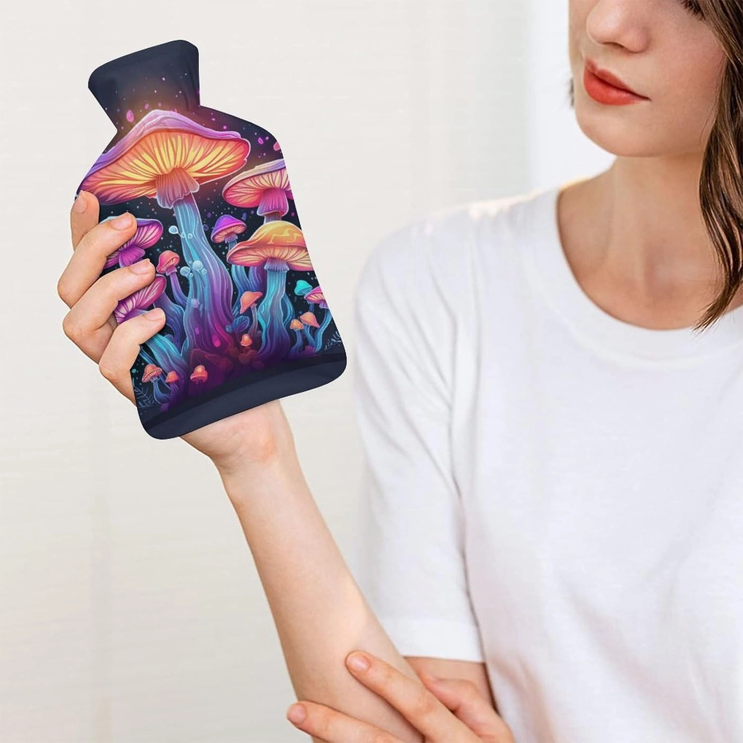 Hot Water Bottle with Soft Cover, Mushroom 1L Warm Water Bag for Menstrual Cramps, Fungus Neck and Shoulder Pain Relief, Ideal for Hand & Feet Warmer for Kids, Men & Women, Hot & Cold Compress