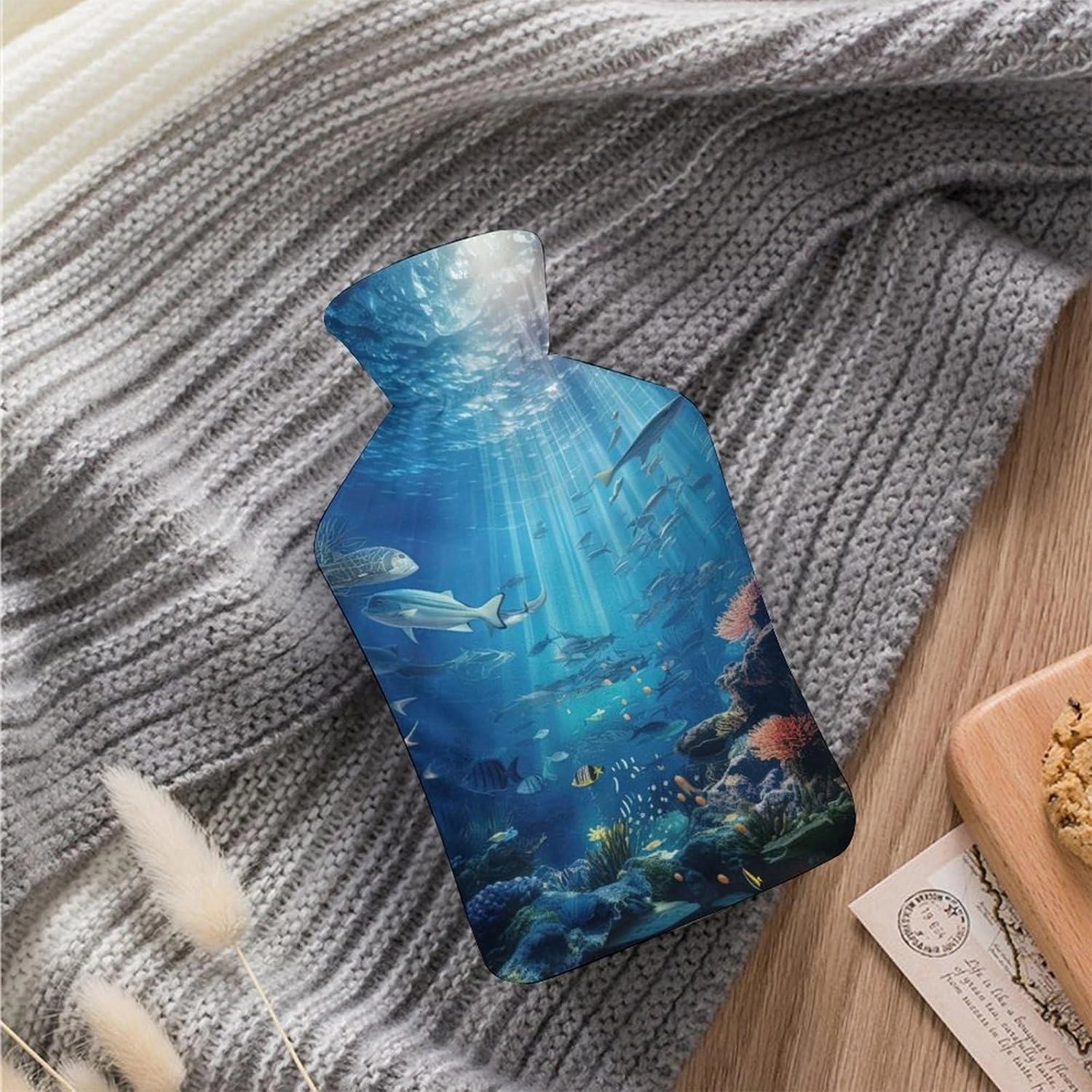 Hot Water Bottle with Soft Cover, Undersea 1L Warm Water Bag for Menstrual Cramps, Mysterious Space Neck And Shoulder Pain Relief, Ideal for Hand & Feet Warmer for Kids, Men & Women, Hot & Cold Compre