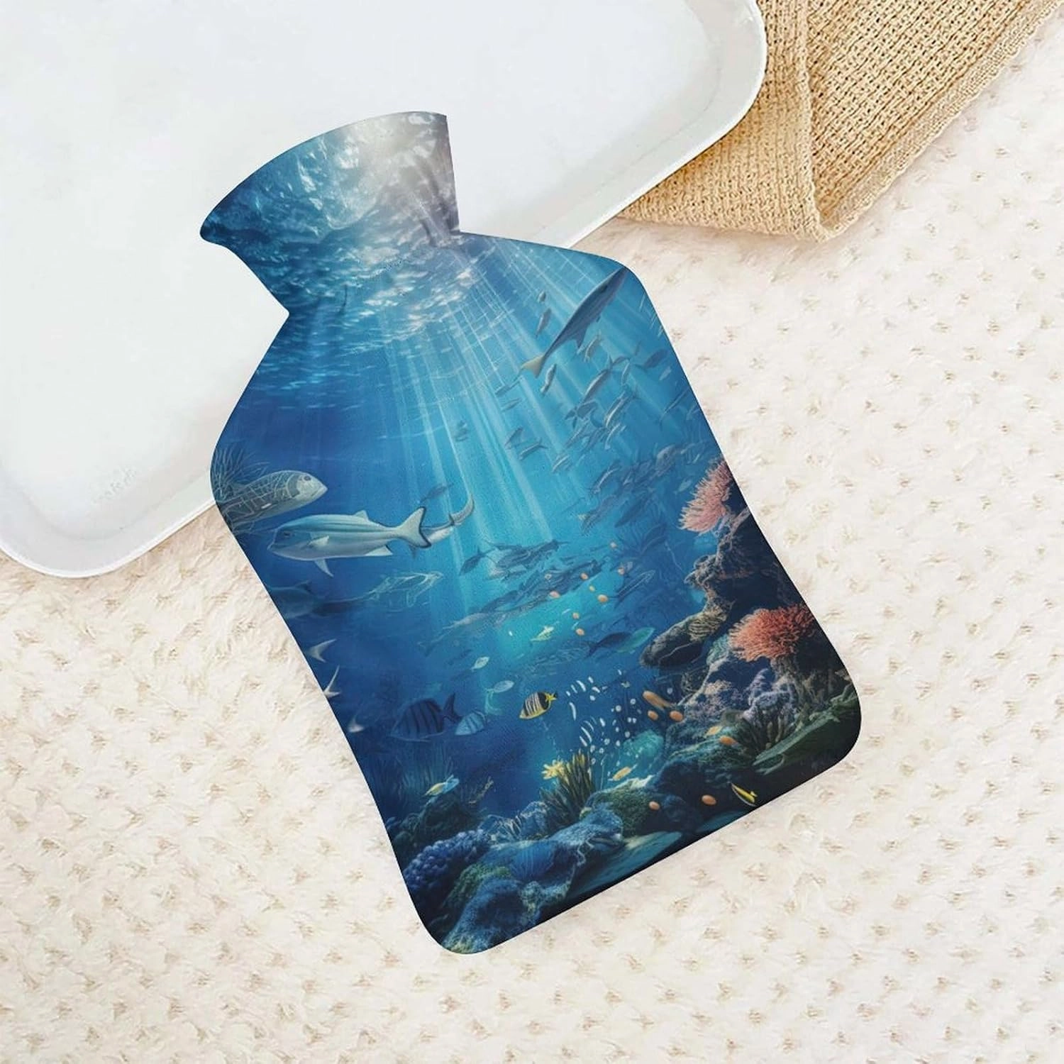 Hot Water Bottle with Soft Cover, Undersea 1L Warm Water Bag for Menstrual Cramps, Mysterious Space Neck And Shoulder Pain Relief, Ideal for Hand & Feet Warmer for Kids, Men & Women, Hot & Cold Compre