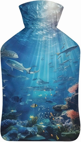 Hot Water Bottle with Soft Cover, Undersea 1L Warm Water Bag for Menstrual Cramps, Mysterious Space Neck And Shoulder Pain Relief, Ideal for Hand & Feet Warmer for Kids, Men & Women, Hot & Cold Compre