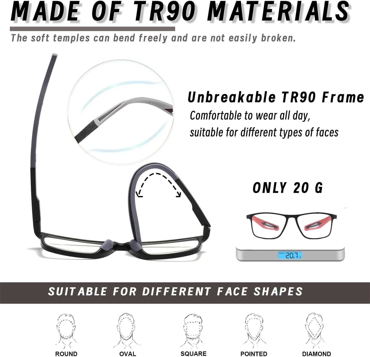 Hubeye 3 Pairs TR90 Sports Reading Glasses for Men and Women Ultralight Flexible Anti-Blue Light Readers  0.0