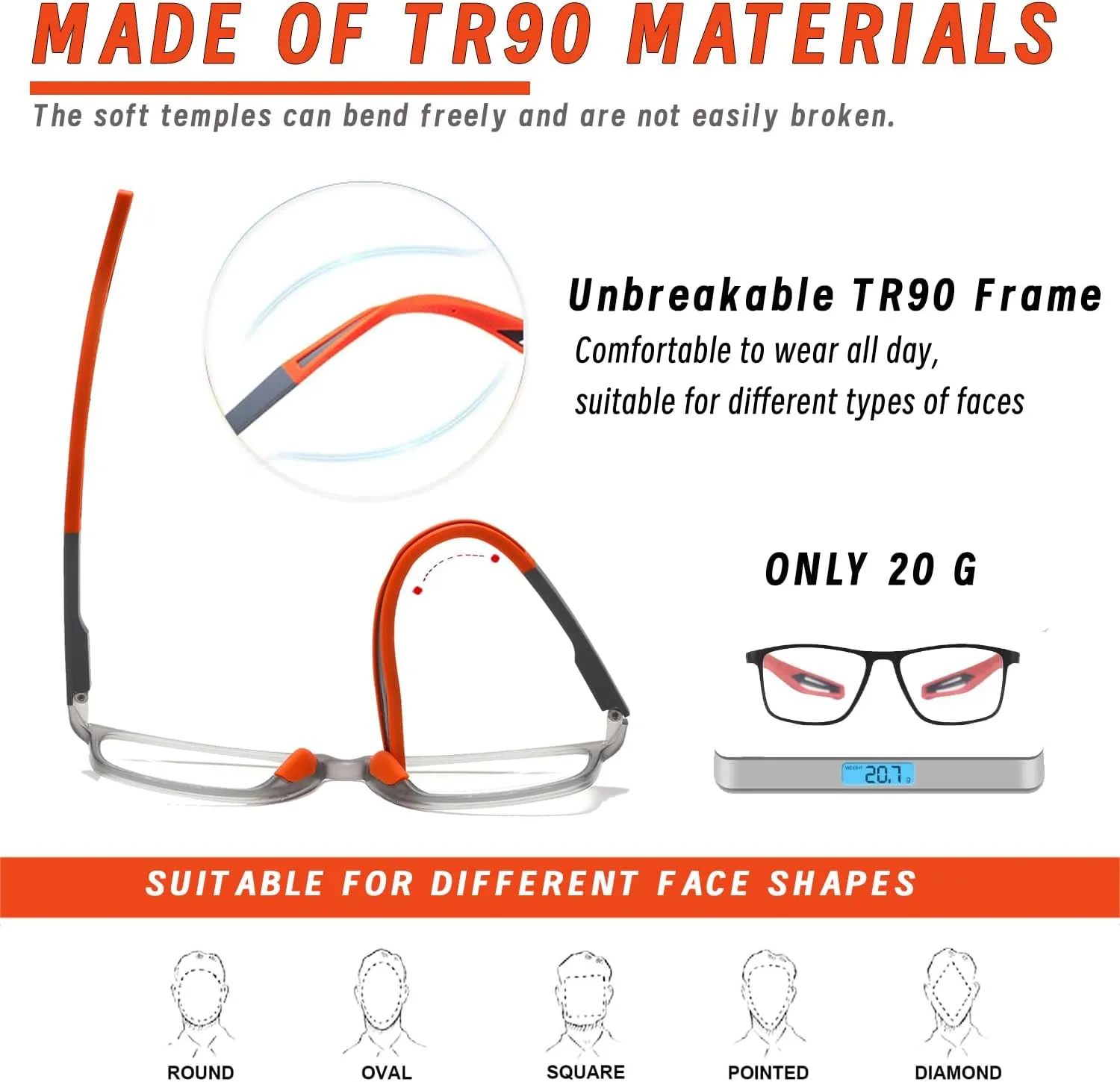 Hubeye 5 Pairs TR90 Sports Reading Glasses for Men and Women Ultralight Flexible Anti-Blue Light Readers  2.0