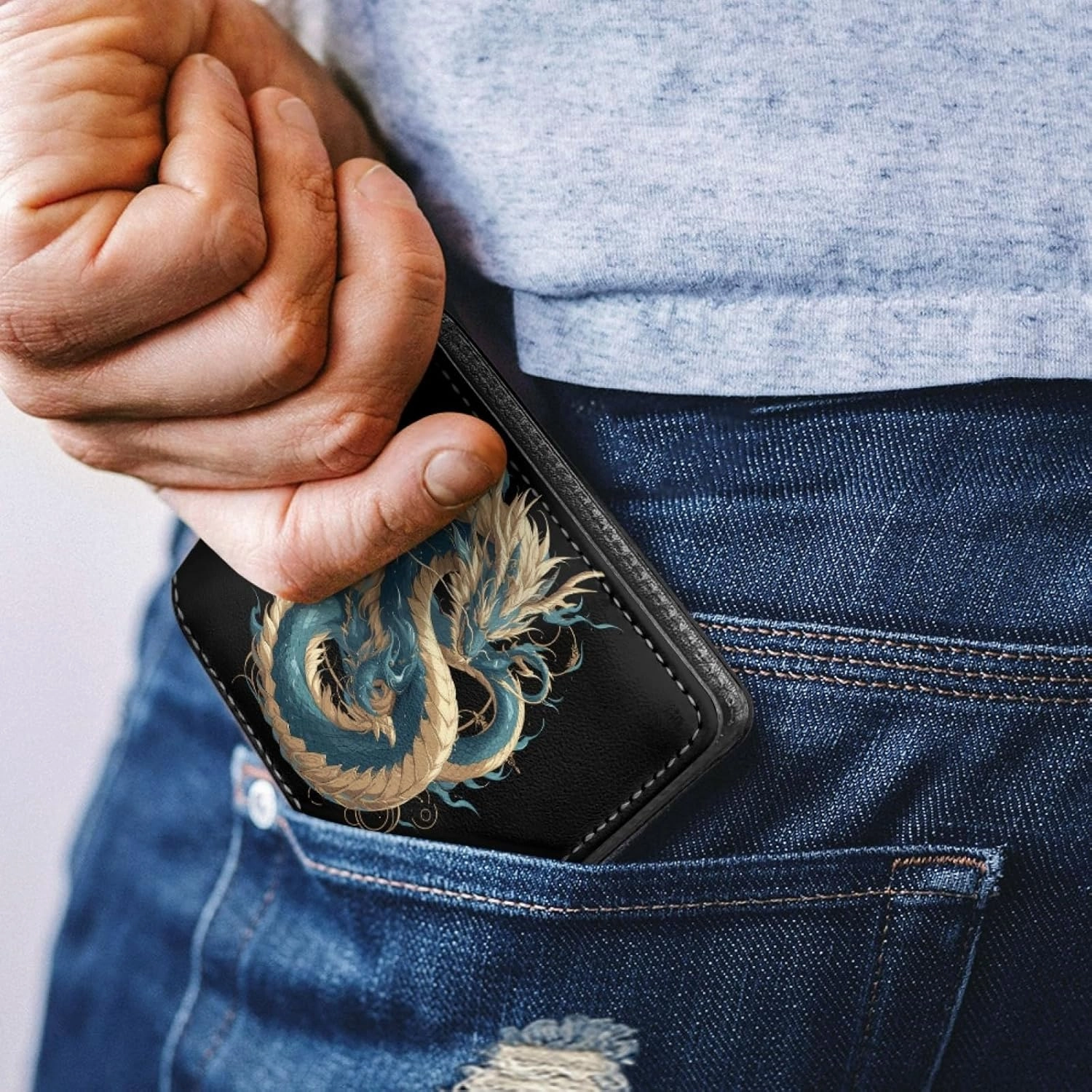 HUIACONG Cool Dragon Men's Pu Leather Cash Storage Pocket - Loong Print Minimalist Men's Wallet - Father's Day Credit Card Cash Holder for Daily Use