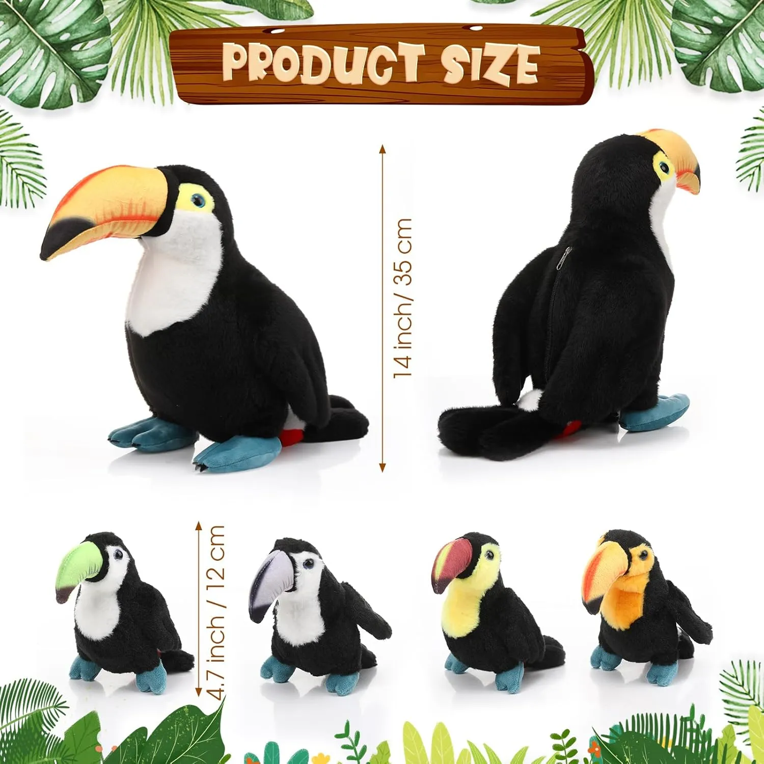 HyDren 5 Pcs Toucan Plush Stuffed Animal Black Bird Stuffed Animal Toy 14 Inch Large Realistic Mommy Bird with 4 Small Babies Plushies in Zippered Tummy for Birthday Gifts