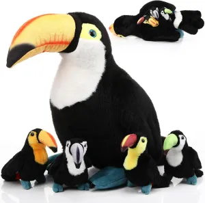 HyDren 5 Pcs Toucan Plush Stuffed Animal Black Bird Stuffed Animal Toy 14 Inch Large Realistic Mommy Bird with 4 Small Babies Plushies in Zippered Tummy for Birthday Gifts