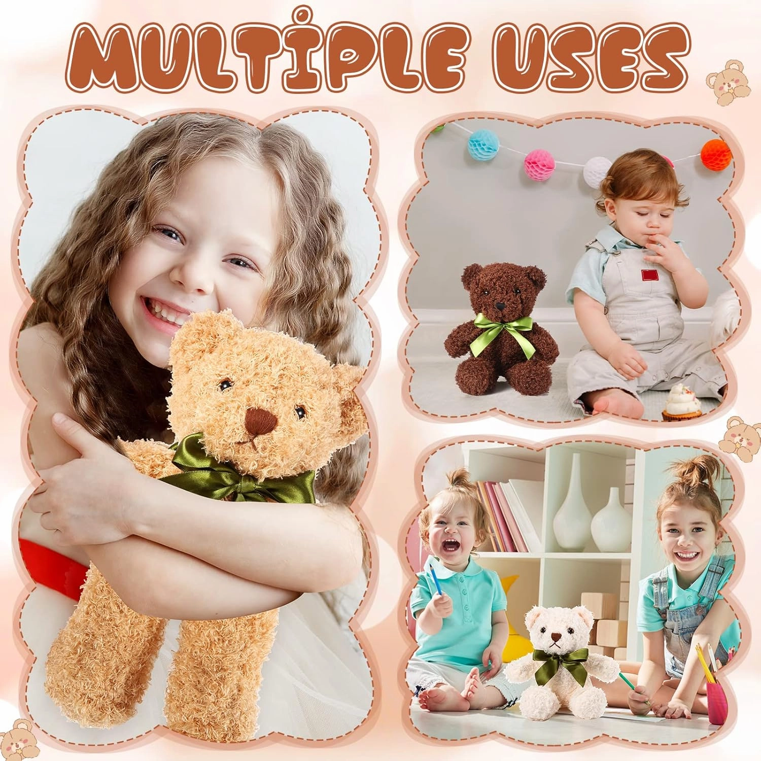 HyDren 6 Pcs Bear Stuffed Animal Plush Toys Soft Plush Dolls Bear Sleeping and Playing Toys for Baby Shower Decoration Boy(Fuzzy Style,White, Brown, Dark Brown)