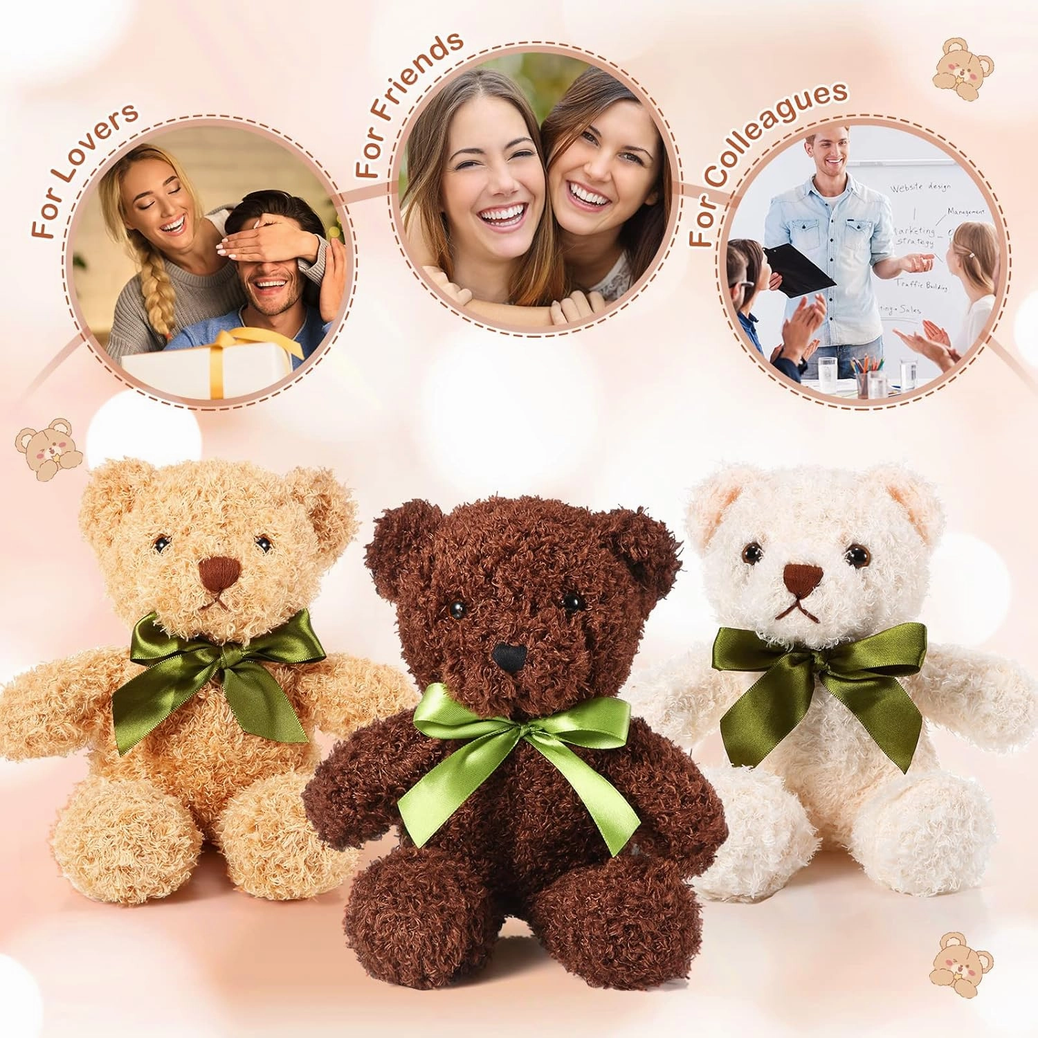 HyDren 6 Pcs Bear Stuffed Animal Plush Toys Soft Plush Dolls Bear Sleeping and Playing Toys for Baby Shower Decoration Boy(Fuzzy Style,White, Brown, Dark Brown)