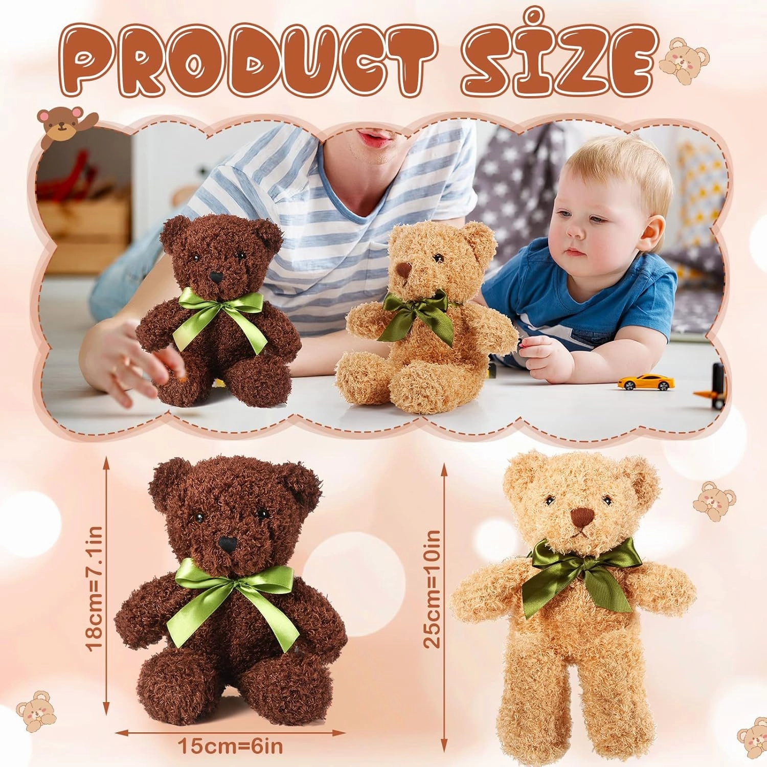 HyDren 6 Pcs Bear Stuffed Animal Plush Toys Soft Plush Dolls Bear Sleeping and Playing Toys for Baby Shower Decoration Boy(Fuzzy Style,White, Brown, Dark Brown)