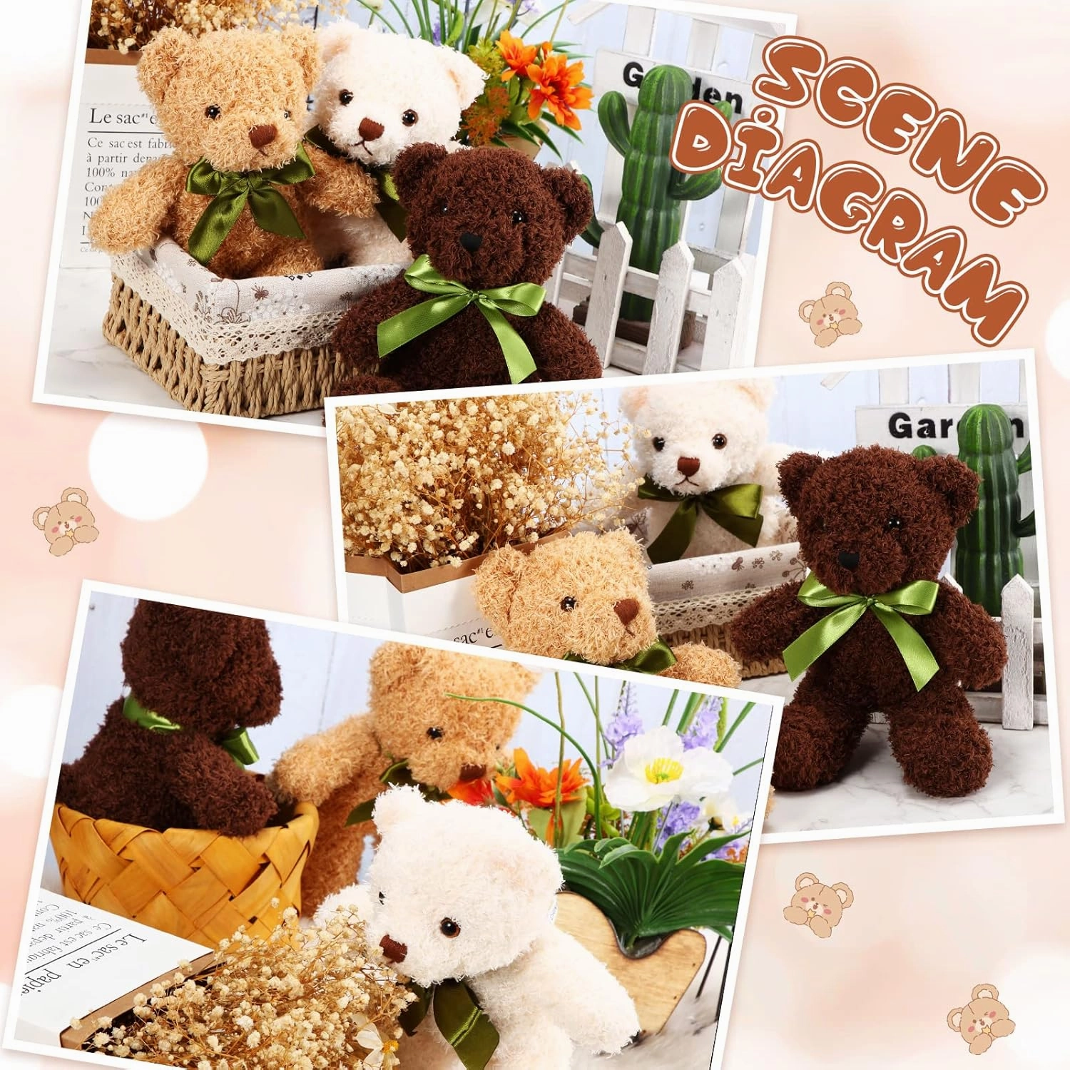 HyDren 6 Pcs Bear Stuffed Animal Plush Toys Soft Plush Dolls Bear Sleeping and Playing Toys for Baby Shower Decoration Boy(Fuzzy Style,White, Brown, Dark Brown)