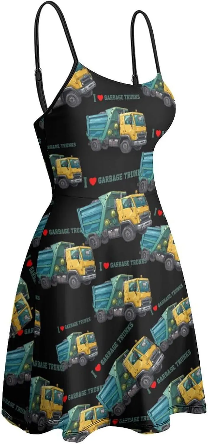 I Love Garbage Trunks Spaghetti Strap Dresses for Women Sleeveless Short Mini Summer Beach Sundress