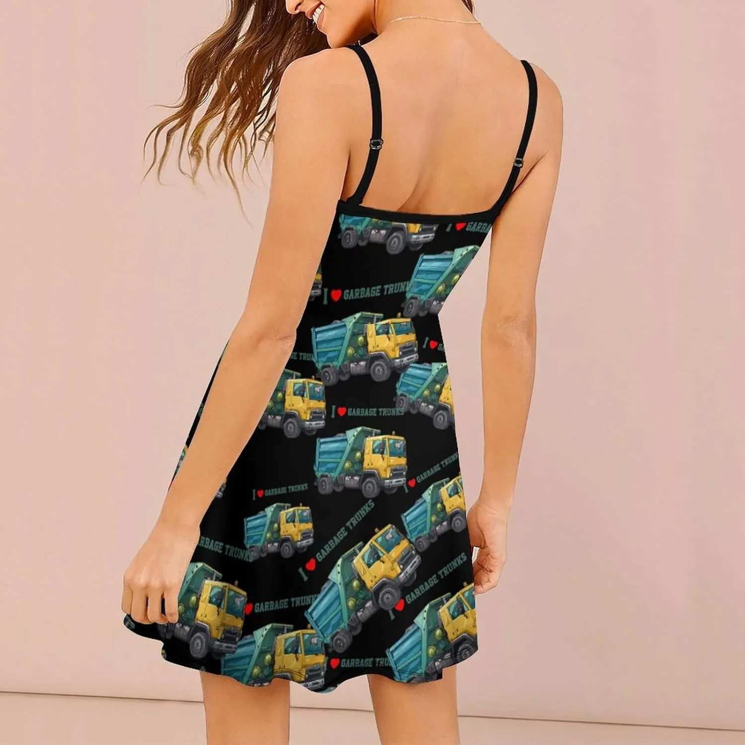 I Love Garbage Trunks Spaghetti Strap Dresses for Women Sleeveless Short Mini Summer Beach Sundress
