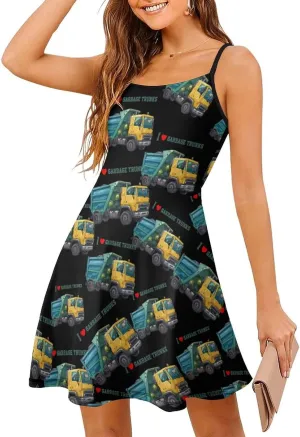I Love Garbage Trunks Spaghetti Strap Dresses for Women Sleeveless Short Mini Summer Beach Sundress