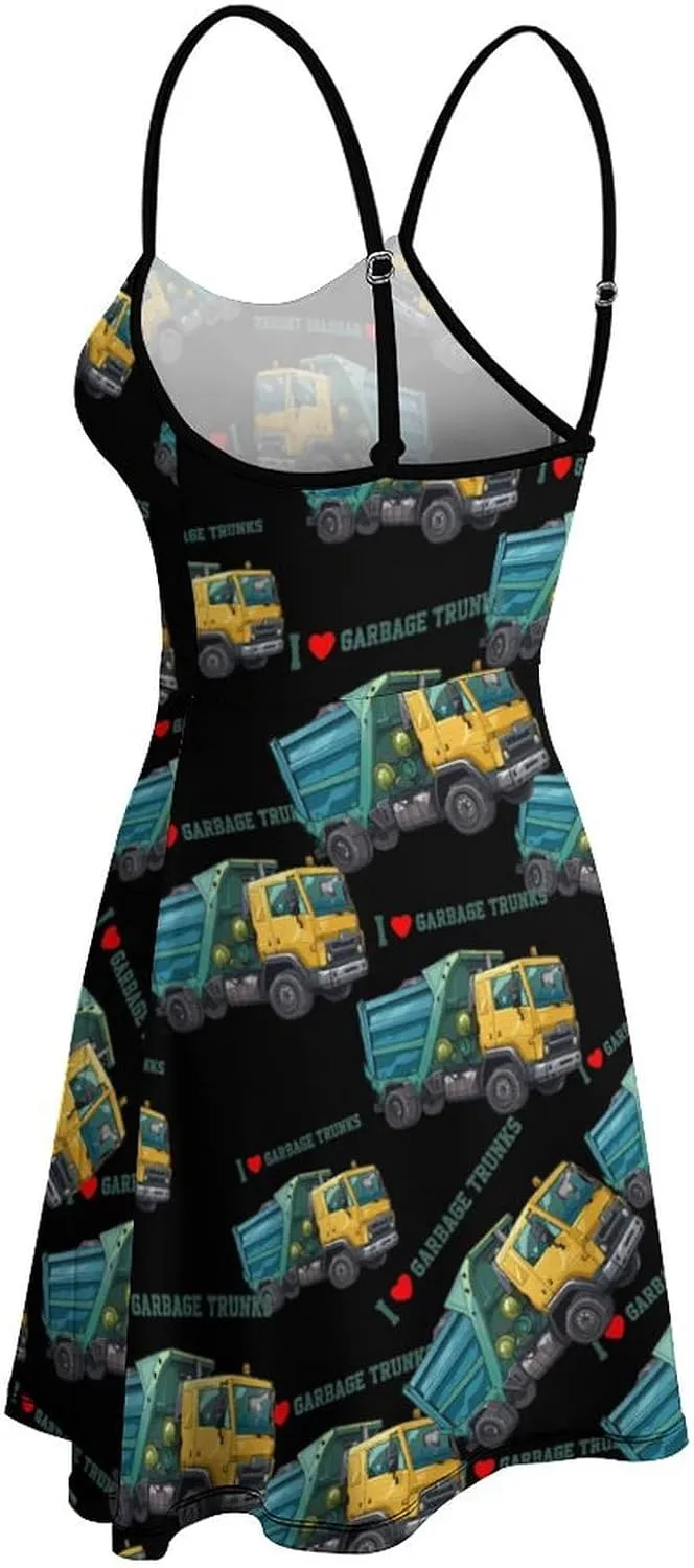 I Love Garbage Trunks Spaghetti Strap Dresses for Women Sleeveless Short Mini Summer Beach Sundress