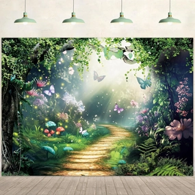 Imirell Fairy Woodland Tale Backdrop 8Wx6H Feet Enchanted Green Spring Butterfly Flower Princess Birthday Wedding Polyester Fabric Magic Photography Backgrounds Photo Shoot Decor Props Decoration