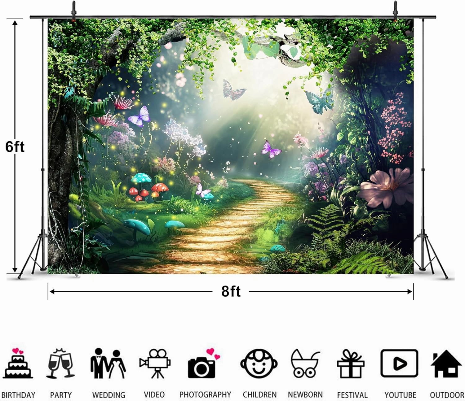 Imirell Fairy Woodland Tale Backdrop 8Wx6H Feet Enchanted Green Spring Butterfly Flower Princess Birthday Wedding Polyester Fabric Magic Photography Backgrounds Photo Shoot Decor Props Decoration