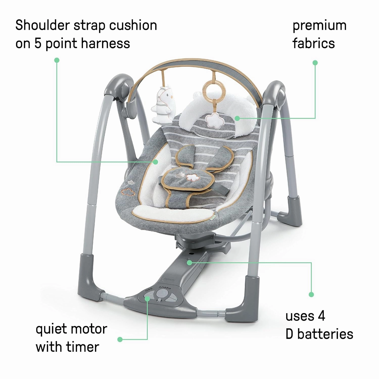 Ingenuity Swing 'n Go Deluxe 5-Speed Baby Swing with Cushioned Harness - Foldable, Portable, 2 Plush Toys & Sounds, 0-9 Months 6-20 lbs (Bella Teddy)