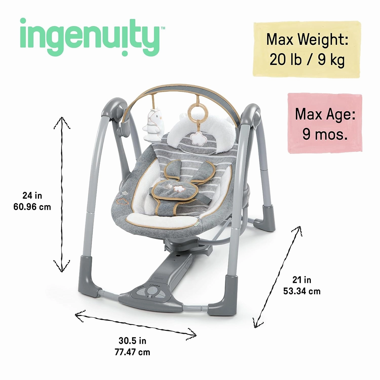 Ingenuity Swing 'n Go Deluxe 5-Speed Baby Swing with Cushioned Harness - Foldable, Portable, 2 Plush Toys & Sounds, 0-9 Months 6-20 lbs (Bella Teddy)