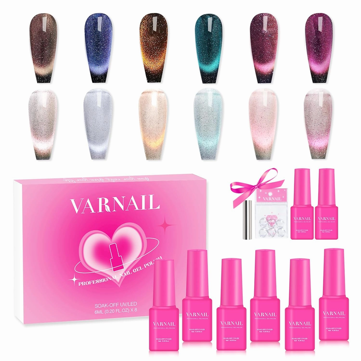 Interstellar Sheer Cat Eye Gel Polish Kit 6 Colors with Free Base Top Coat, Glitter Reflective Diamond Holographic Gel Polish with Magnet, Salon Quality Soak off UV Nail Gel Polish