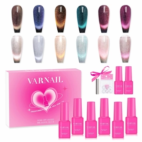 Interstellar Sheer Cat Eye Gel Polish Kit 6 Colors with Free Base Top Coat, Glitter Reflective Diamond Holographic Gel Polish with Magnet, Salon Quality Soak off UV Nail Gel Polish