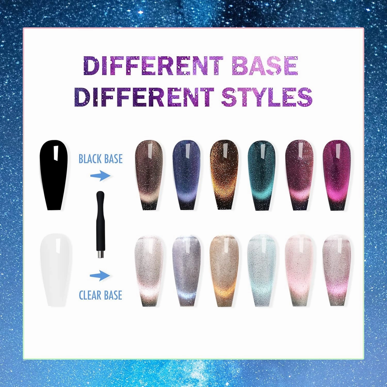 Interstellar Sheer Cat Eye Gel Polish Kit 6 Colors with Free Base Top Coat, Glitter Reflective Diamond Holographic Gel Polish with Magnet, Salon Quality Soak off UV Nail Gel Polish