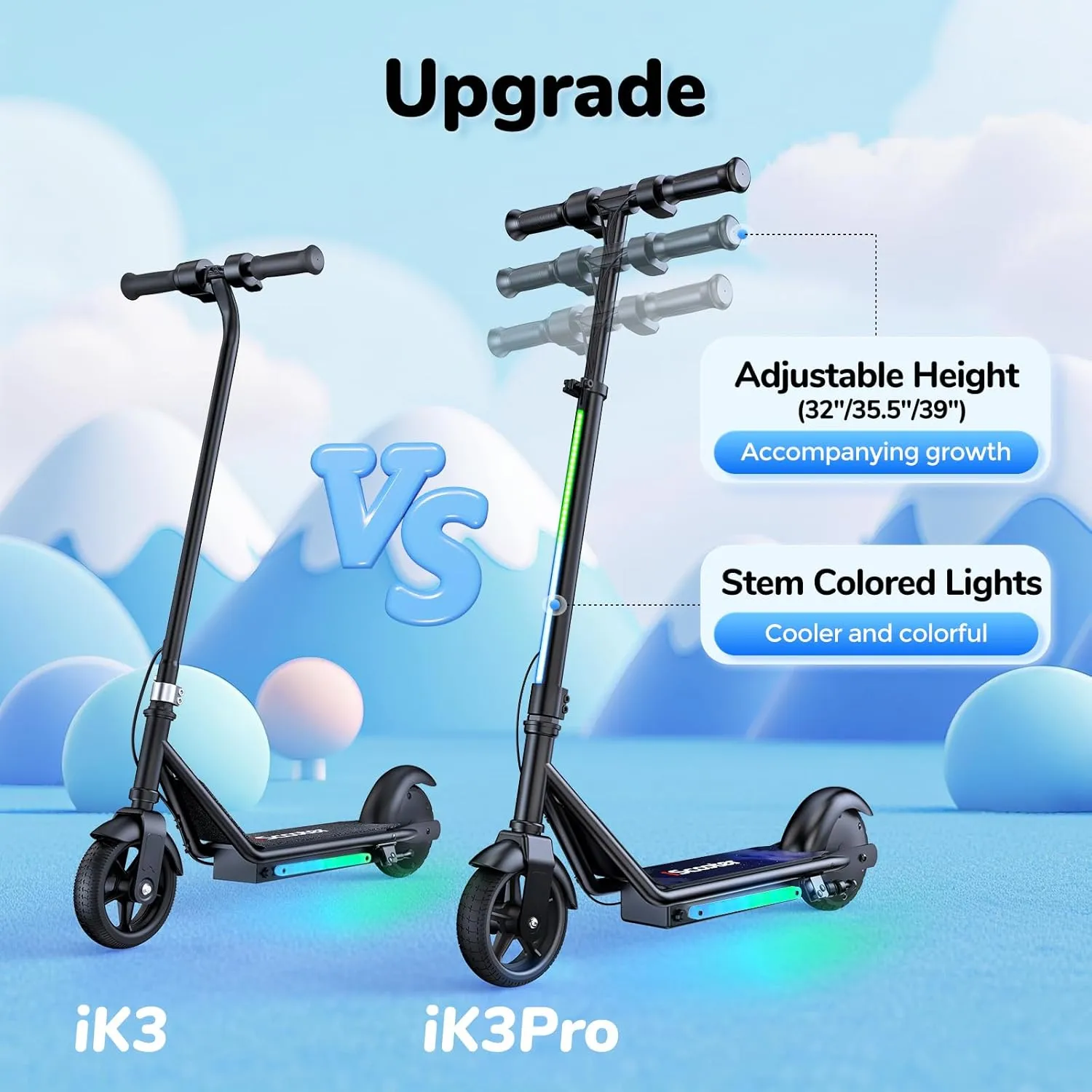 iScooter IK3/IK3Pro Electric Scooter for Kids Ages 6-12, 150W Motor, LED Display, 3 speeds Adjustable,3 Adjustable Heights(IK3Pro),Colorful Lights, Double Brake,Magnetic Charging