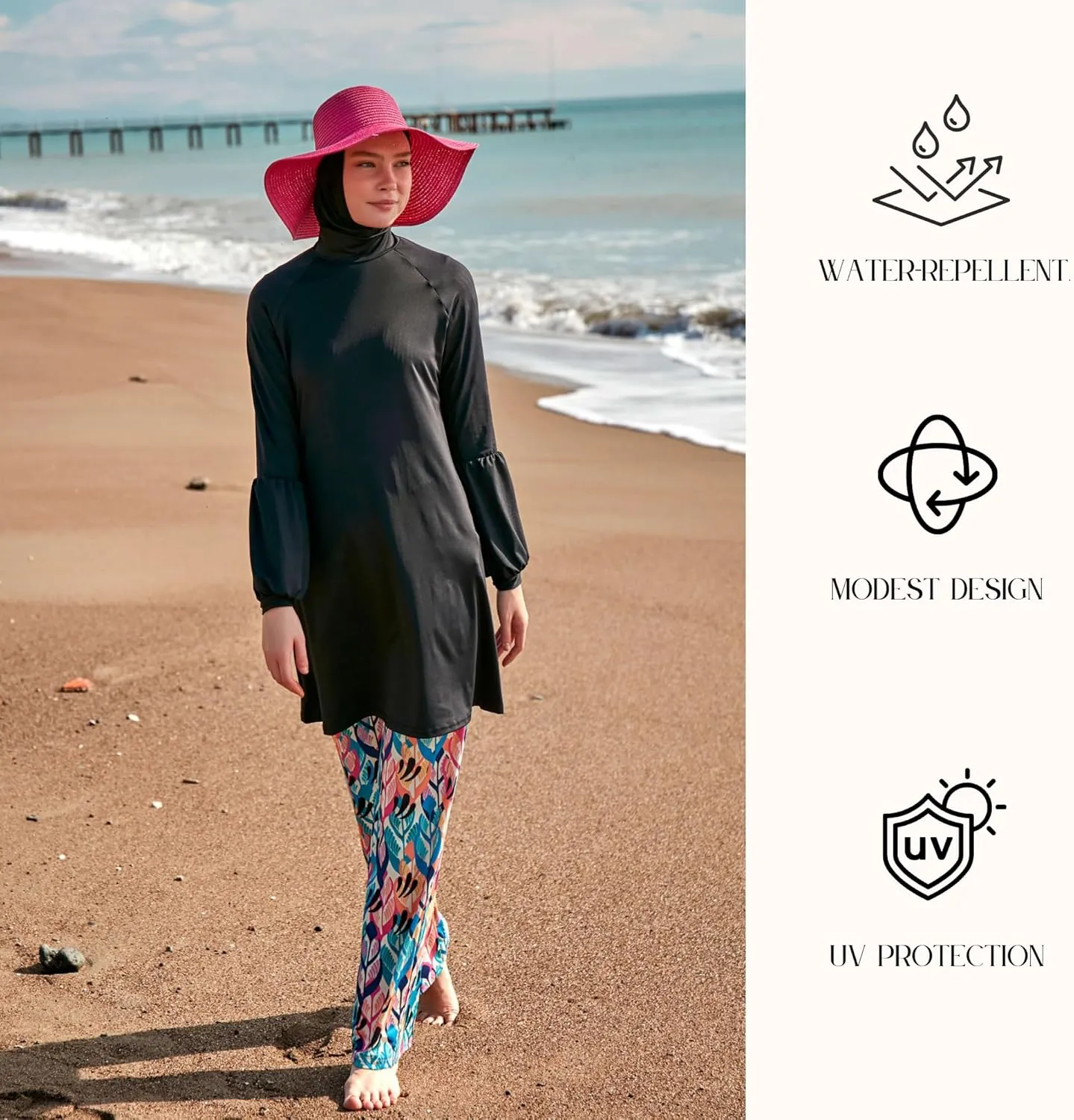 Islamic Full-Length Patterned Modest Swimsuit for Women | 4 PCS Muslim Burkini Set | Full Coverage Long Sleeve Rash Guard