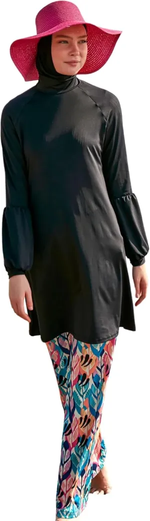 Islamic Full-Length Patterned Modest Swimsuit for Women | 4 PCS Muslim Burkini Set | Full Coverage Long Sleeve Rash Guard