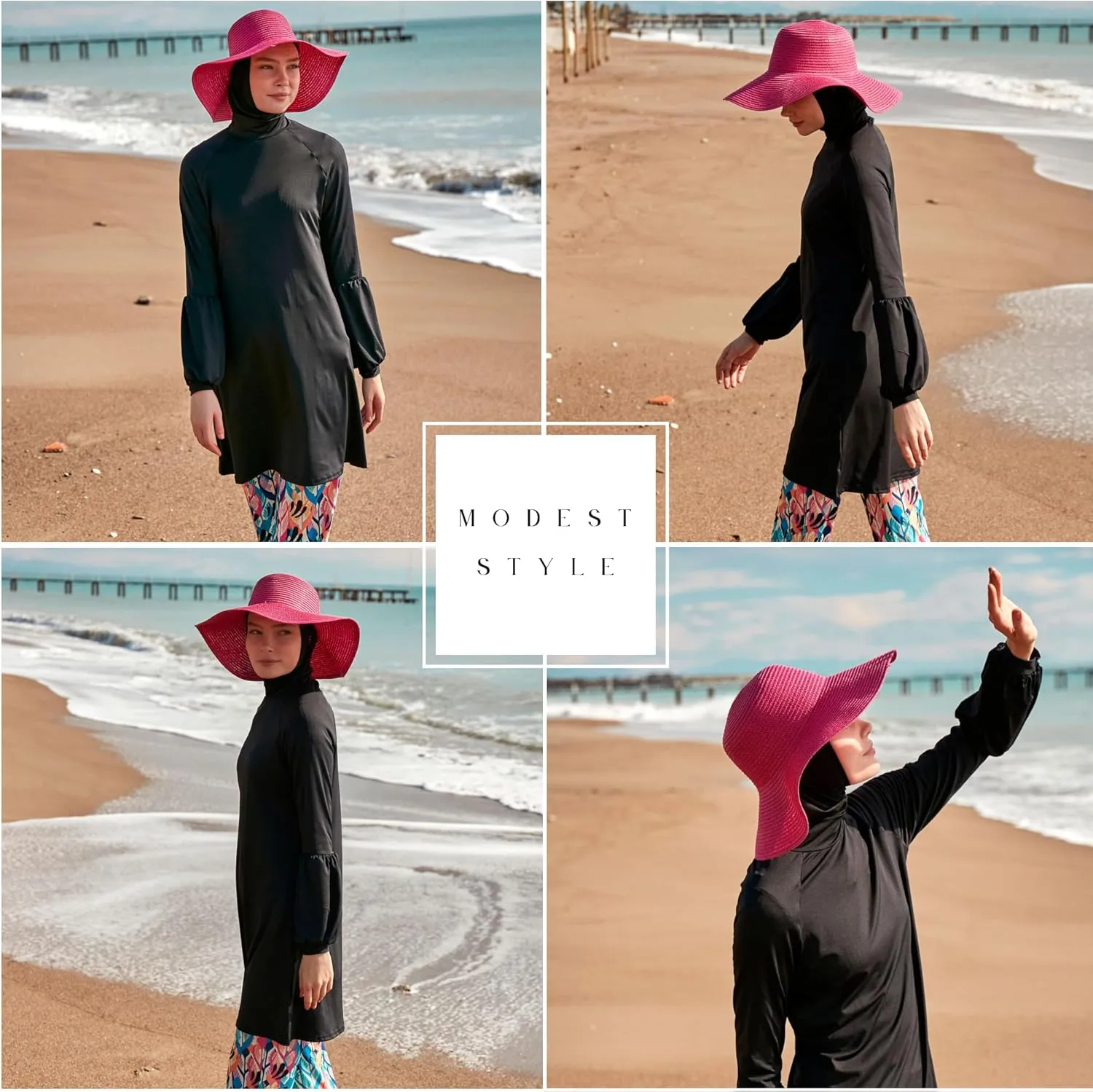 Islamic Full-Length Patterned Modest Swimsuit for Women | 4 PCS Muslim Burkini Set | Full Coverage Long Sleeve Rash Guard