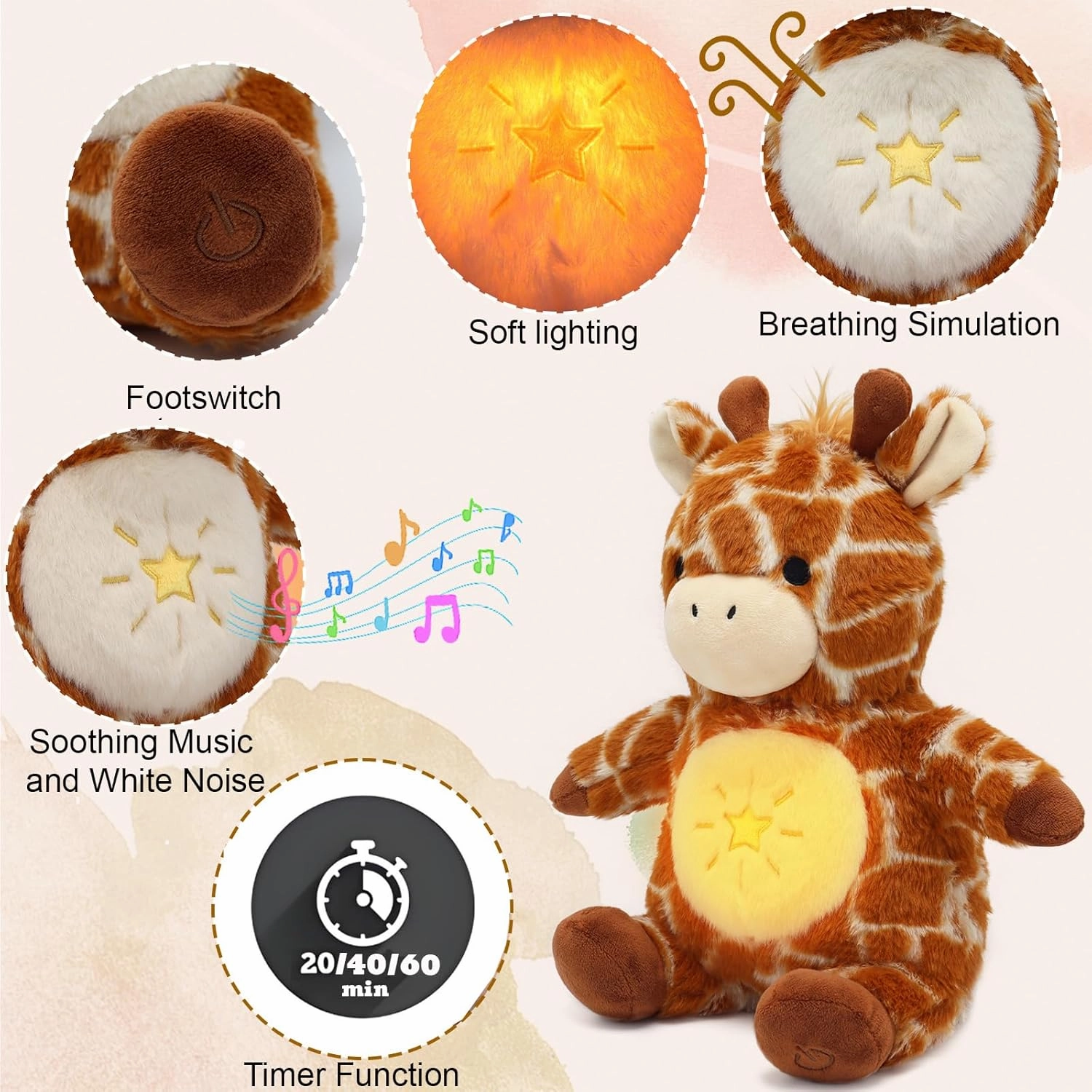 IUTOYYE Giraffe Breathing Stuffed Animal Plush for Anxiety Relief, Musical Giraffe with Realistic Breathing Rhythmic Music and Lights Soothing Animal Plushie Doll Toy Gift for Kids Adults (Giraffe)