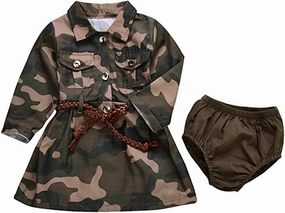 IWOKA Baby Girls Camo-Camouflage Long Sleeve Belt Skirts ArmyGreen Shorts Set