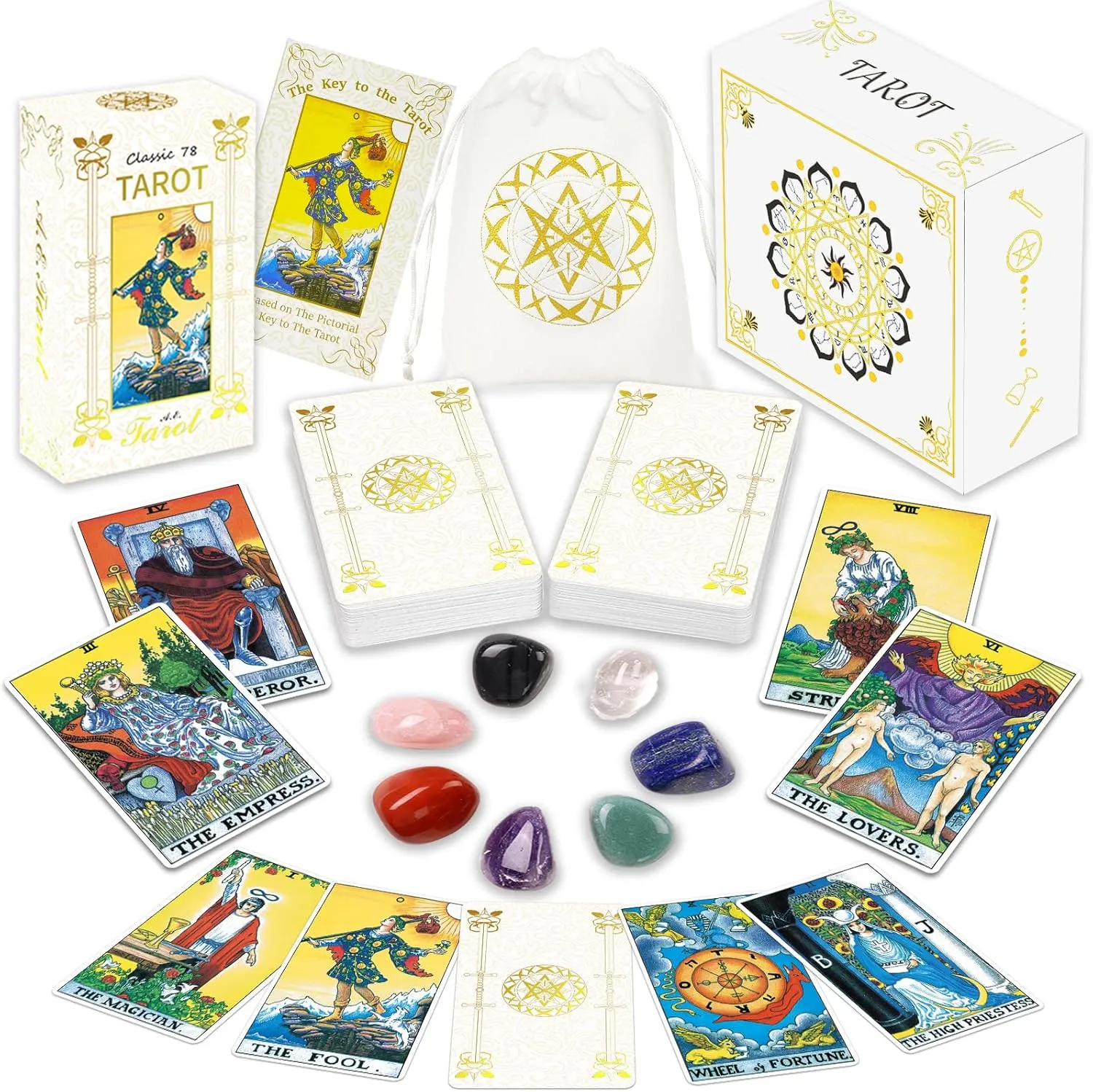 IXIGER Tarot Cards with Guide Book,78 Original Tarot Cards Deck Fortune Telling Game for Beginners&Expert Readers,Classic Tarot Deck Standard Size 4.75" x 2.76",Gilding Tarot Bag and Chakra Stone