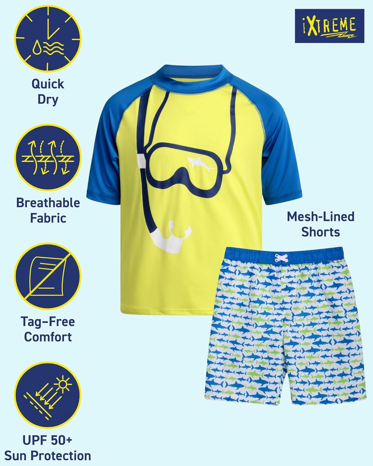 iXtreme Boys Rash Guard Set - 4 Piece UPF 50  Swim Shirt and Bathing Suit Trunks Rash Guard for Boys (Sizes: 12M-18)