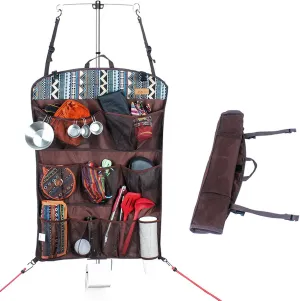IZUS Camp Utensil Organizer Hanging-Roll-Up - Foldable Multifunctional Hanging Organizer with Back Storage Net Bag for Outdoor Camping Traveling