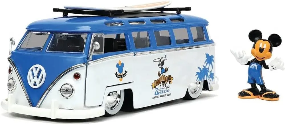Jada Toys Disney Mickey and Friends 1:24 Volkswagen T1 Bus Die-cast Car w/ 2.75" Mickey Mouse Figure, Toys for Kids and Adults
