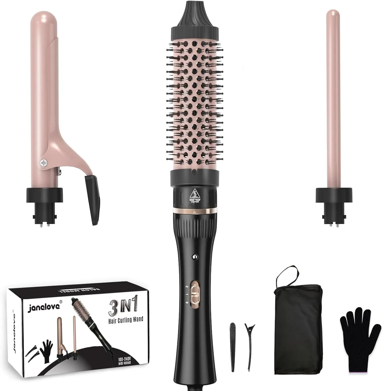 javelove 3 in 1 Curling Iron Set with Thermal Brush (1.5") and 2 Interchangeable Ceramic Curling Wand(0.51"-1"), 2 Temp Heating Setting, Include Heat Protective Glove & 2 Clips& Storage Bag