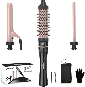 javelove 3 in 1 Curling Iron Set with Thermal Brush (1.5") and 2 Interchangeable Ceramic Curling Wand(0.51"-1"), 2 Temp Heating Setting, Include Heat Protective Glove & 2 Clips& Storage Bag