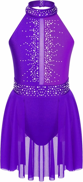 JEATHA Kids Girls Rhinestone Sleeveless Color Block Figure Skating Dress Gymnastic Ballet Dance Skirt Leotard