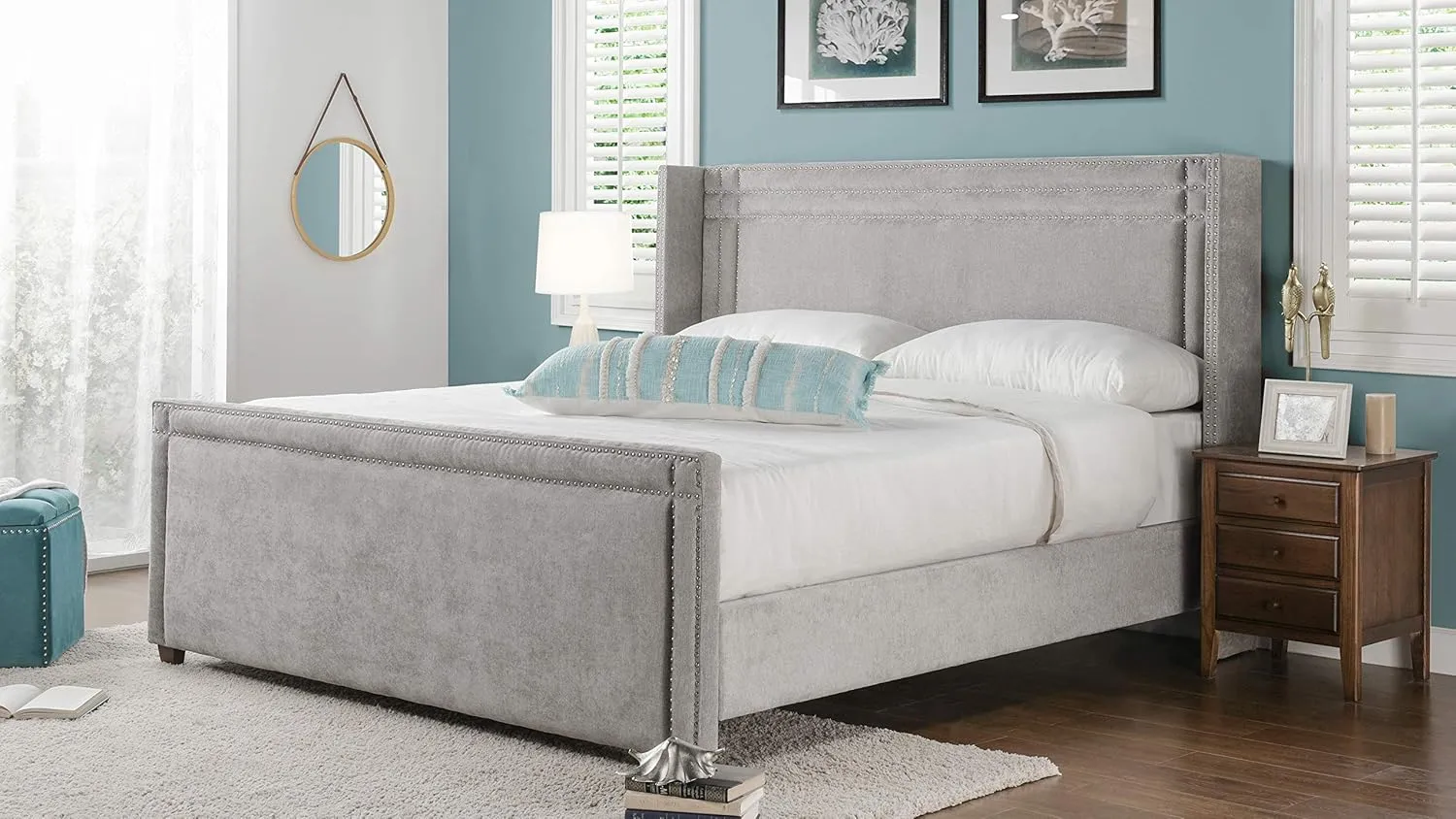Jennifer Taylor Home Elle Wingback Upholstered King Bed, Silver Grey Polyester