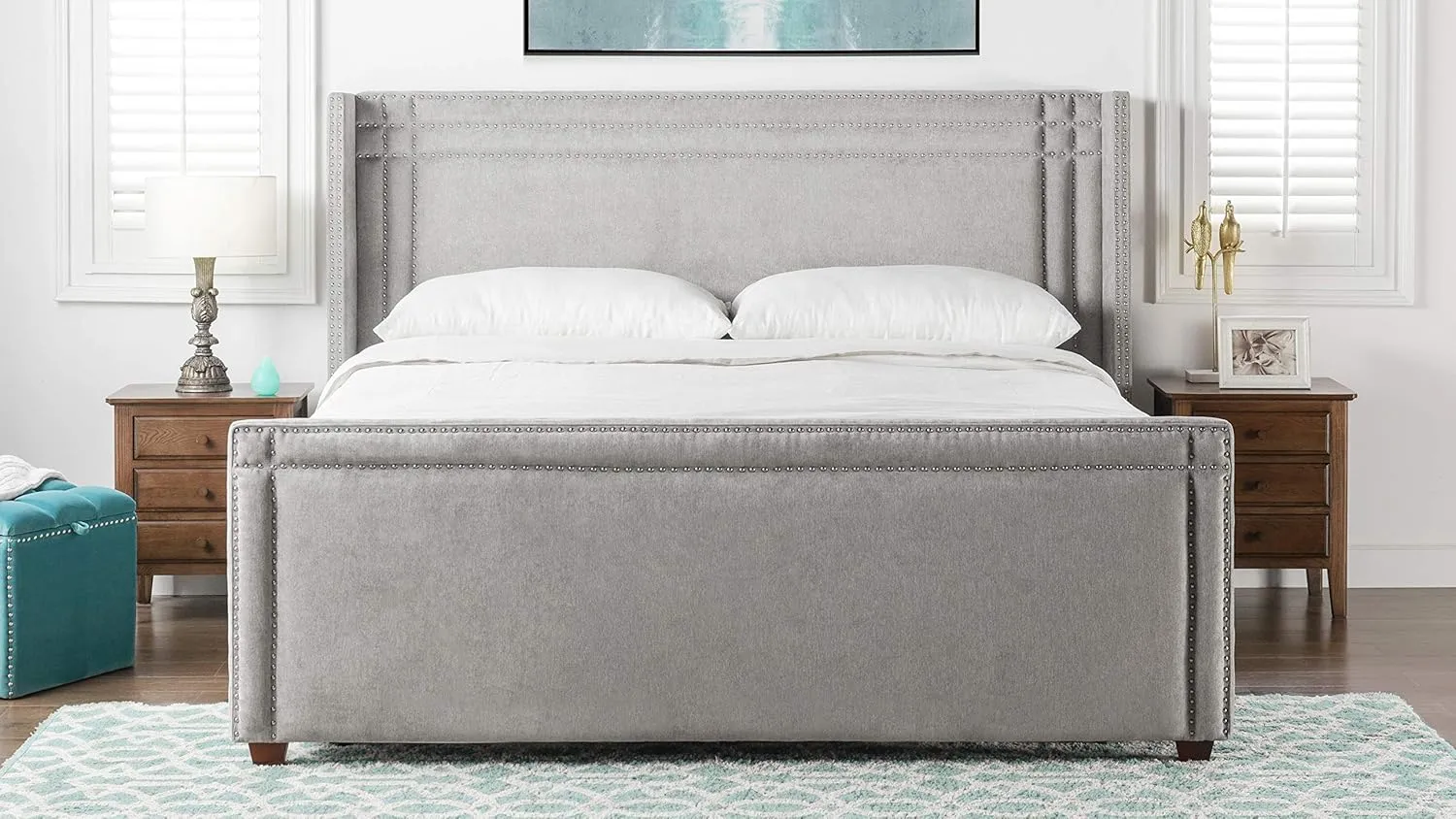 Jennifer Taylor Home Elle Wingback Upholstered King Bed, Silver Grey Polyester