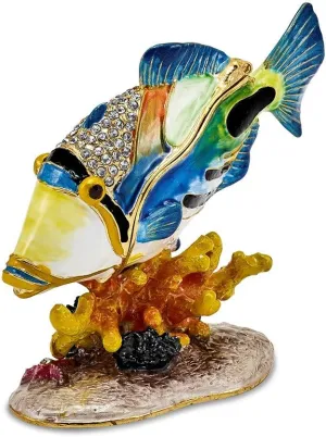 Jere Luxury Giftware Bejeweled Trigger Humu Humu Fish, Pewter With Enamel Collectible Trinket Box with Matching Pendant Necklace
