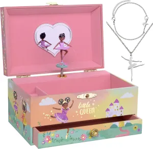 Jewelkeeper Ballerina Music Box & Little Girls Jewelry Set - 3 Ballerina gifts for Girls - Little Queen Design