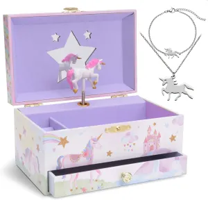 Jewelkeeper Jewelry Box for Girls with Drawer - Spinning Unicorn Doll to The Beautiful Dreamer Tune Music Box - Little Girls' Jewelry Set Includes Unicorn Bracelet and Necklace - 5Dx7Wx4H Inches