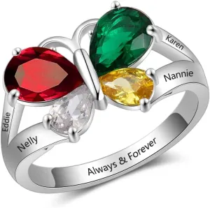 JewelOra Personalized Mothers Ring with 2 Simulated Birthstone Custom Name Anniversary Ring for Women Butterfly Promise Ring for Her