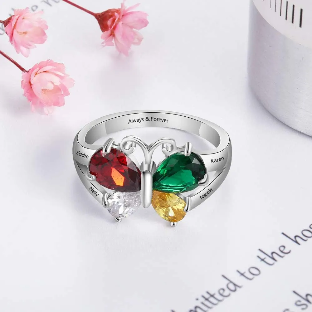 JewelOra Personalized Mothers Ring with 2 Simulated Birthstone Custom Name Anniversary Ring for Women Butterfly Promise Ring for Her