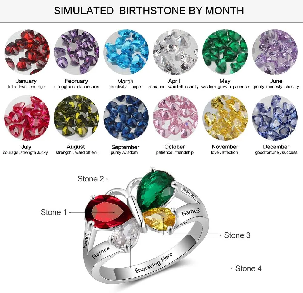 JewelOra Personalized Mothers Ring with 2 Simulated Birthstone Custom Name Anniversary Ring for Women Butterfly Promise Ring for Her