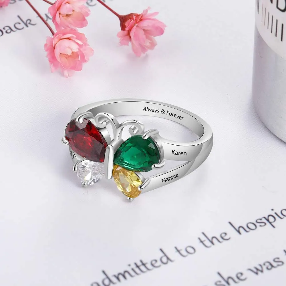 JewelOra Personalized Mothers Ring with 2 Simulated Birthstone Custom Name Anniversary Ring for Women Butterfly Promise Ring for Her