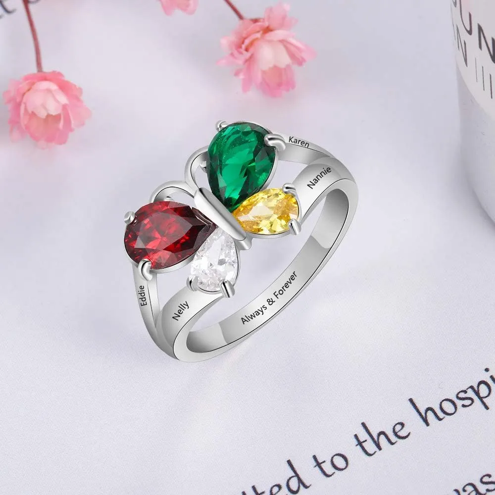 JewelOra Personalized Mothers Ring with 2 Simulated Birthstone Custom Name Anniversary Ring for Women Butterfly Promise Ring for Her