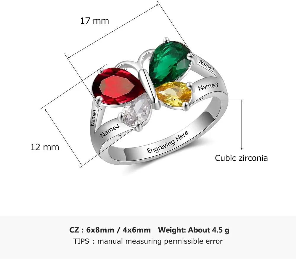 JewelOra Personalized Mothers Ring with 2 Simulated Birthstone Custom Name Anniversary Ring for Women Butterfly Promise Ring for Her