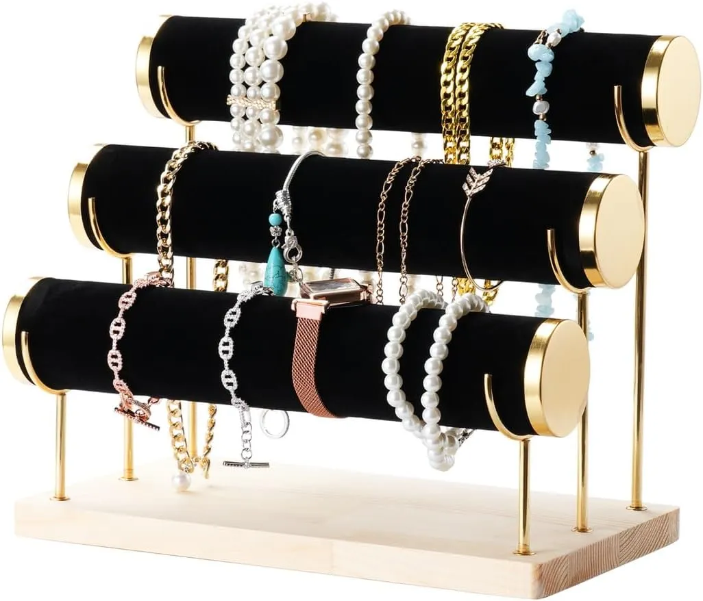 Jewelry Display Stand With Velvet Gilt-Edging, 3-Tier Rack For Jewelry Tower, Detachable Bracelet Holder Organizer, Wooden Tray Storage For Wrist Watch, Scrunchies, Bangles, Necklaces