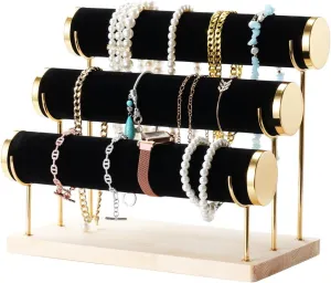 Jewelry Display Stand With Velvet Gilt-Edging, 3-Tier Rack For Jewelry Tower, Detachable Bracelet Holder Organizer, Wooden Tray Storage For Wrist Watch, Scrunchies, Bangles, Necklaces
